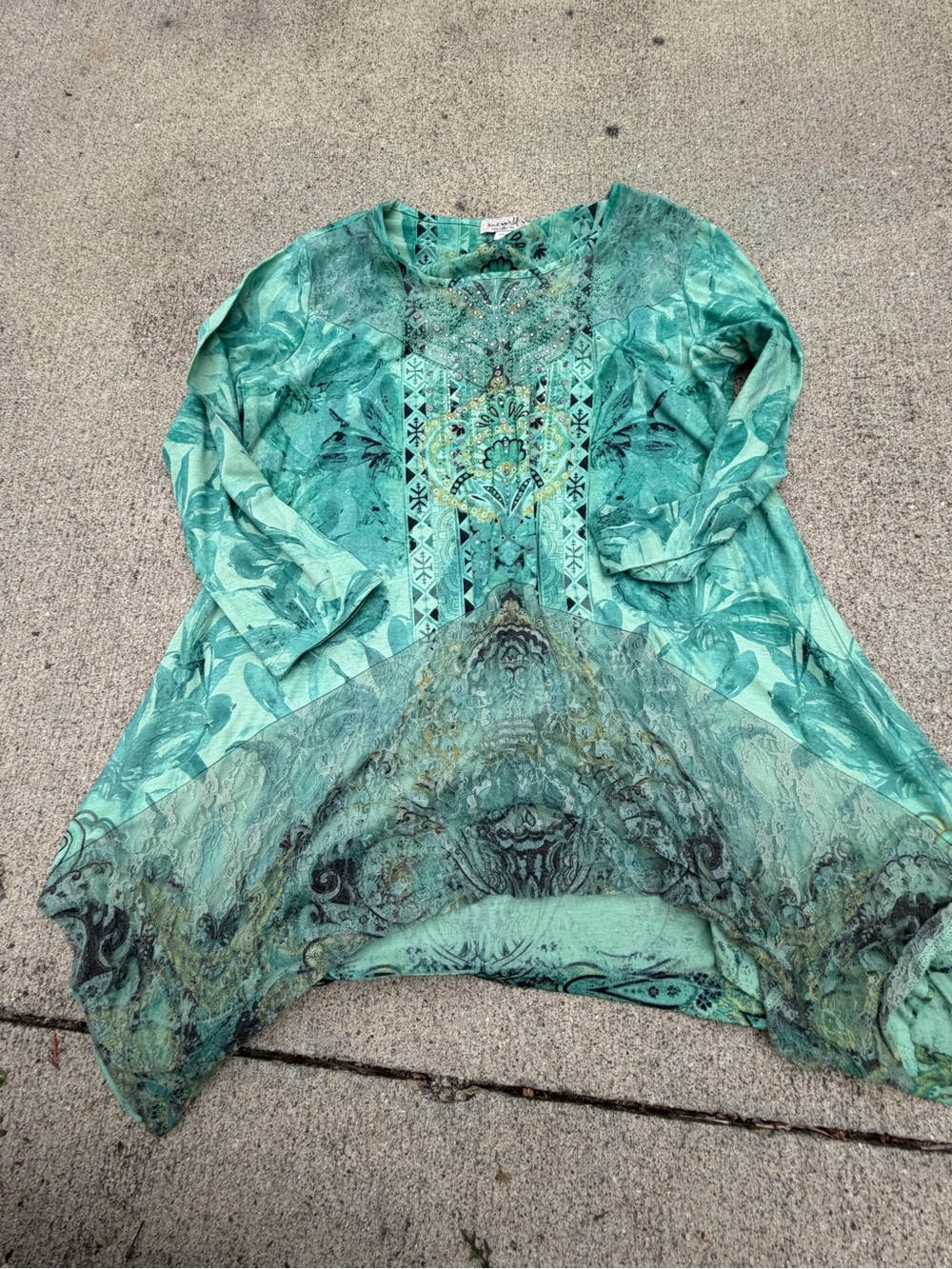 Emerald Womens Tunic Top M Green/Black Round Neck Geometric Studded Rhinestone